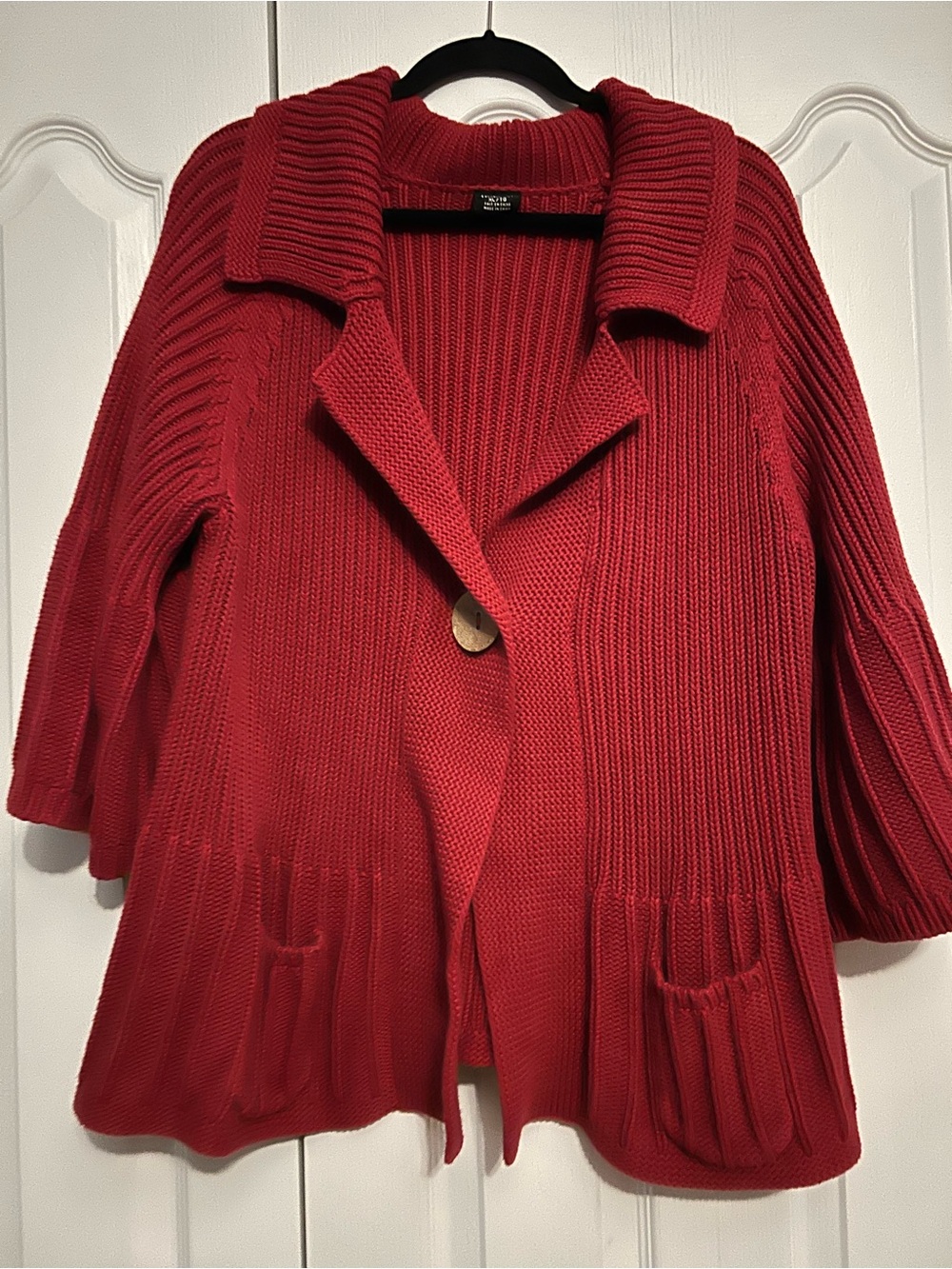 Tribal Red Ribbed Cotton Button-Front Cardigan